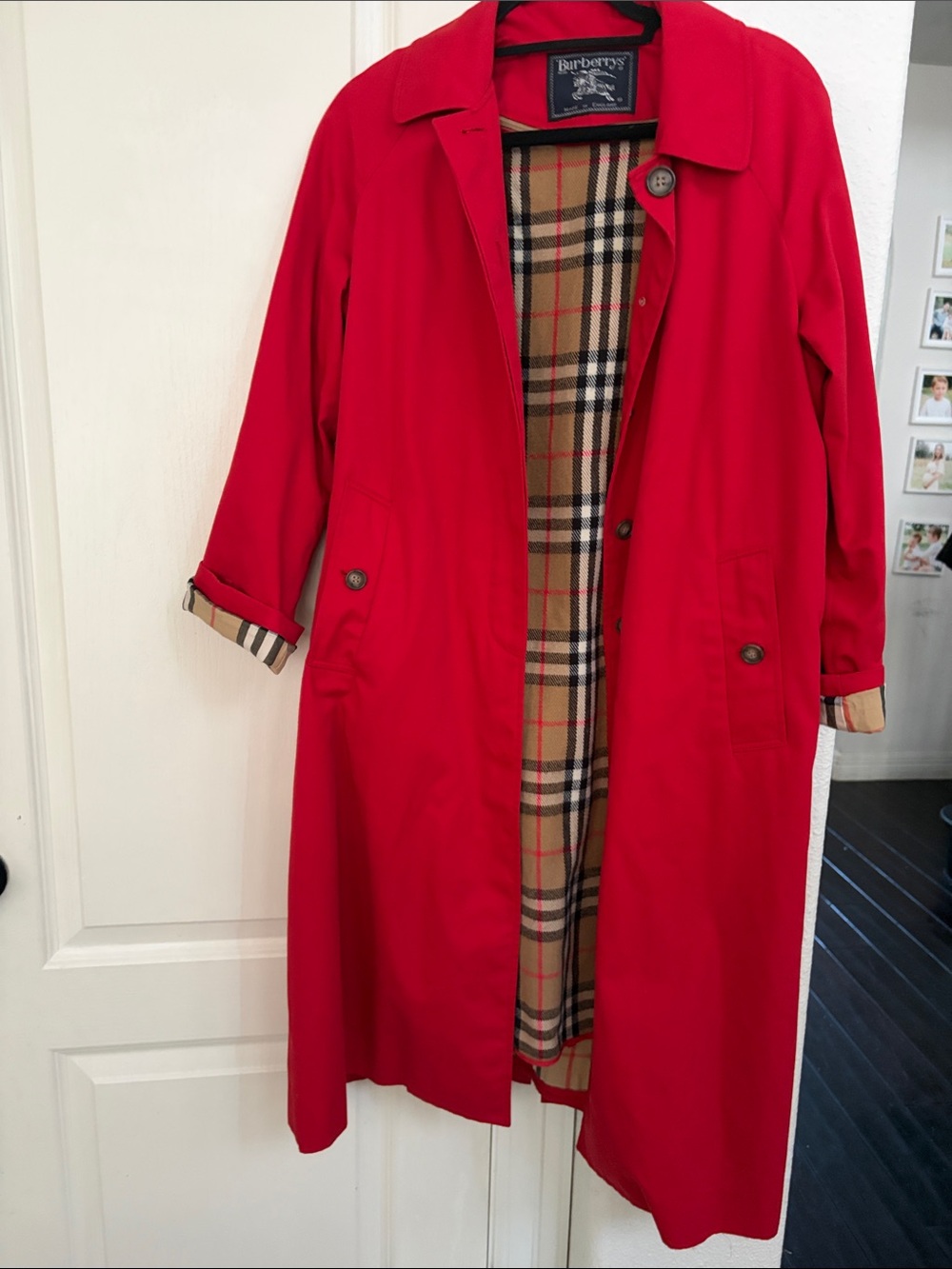 Burberry Red Classic Vintage Long Trench Coat Check Plaid Lined